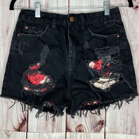 Zara | Sequin High Waist Distressed Shorts - Picture 2 of 6